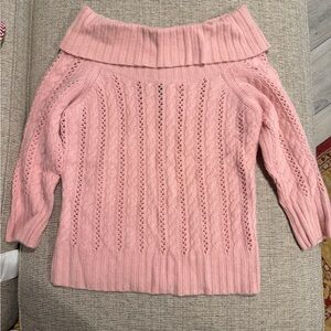 Express Pink Off-the-Shoulder Cable Knit Sweater | Wool Cashmere Blend | Size L